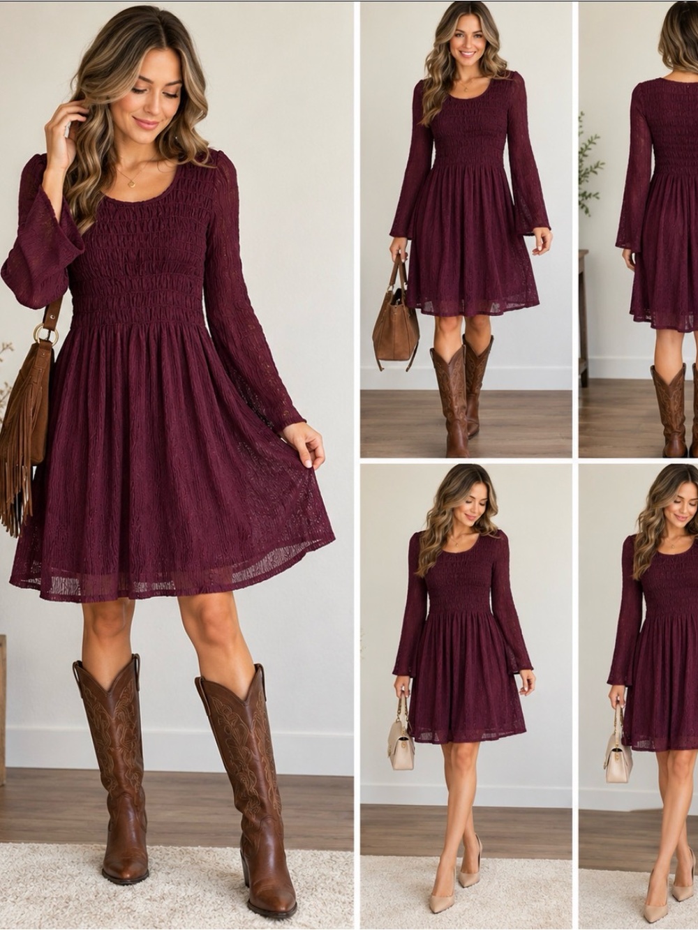 Women’s Long-Sleeve Smocked Waist Burgundy Dress XS